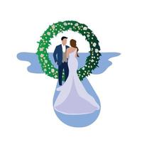 plat vecteur illustration de civil mariage cérémonie. la mariée et jeune marié 2d dessin animé personnages avec paysage sur Contexte