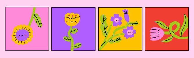 abstrait Facile les plantes et fleurs avec yeux. main tiré coloré vecteur ensemble. floral conception, naïve art, infantile style art. coloré branché illustration. préfabriqué cartes ou impressions