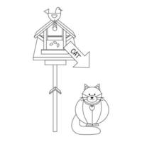 oiseau mangeoire avec un La Flèche montrer du doigt à une chat et un une inscription. noir ligne dessin, griffonner sur une blanc Contexte. vecteur