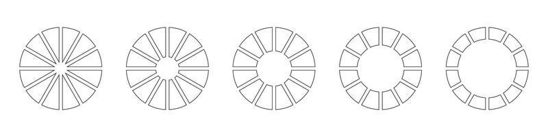 roues rond divisé dans Douze sections. diagrammes infographie ensemble. cercle section graphique ligne art. tarte graphique Icônes. contour Donut graphiques ou tartes segmenté sur 12 égal les pièces. géométrique élément. vecteur