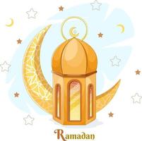 Ramadan salutation carte avec une dessin animé brillant islamique lanterne et une lune vecteur