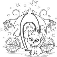 coloration page. une chaton Princesse avec couronne près le chariot vecteur