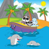 mignonne animal illustration, Panda, raton laveur et hippopotame équitation une vite bateau dans le mer avec Montagne et plage voir, vecteur, eps10, modifiable vecteur