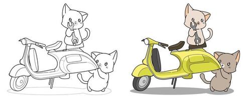 Coloriage de beaux chats ingénieur et dessin animé de moto vecteur