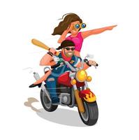 motard bandit en portant base-ball chauve souris équitation moto avec fille dessin animé illustration vecteur