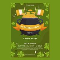 saint patrick journée vacances fête affiche modèle conception. lutin pot ang or pièces de monnaie, irlandais drapeaux et ruban. un événement invitation pour club et pub vecteur