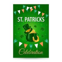 st. patrick's journée fête. Contexte avec fête Provisions chanceux d'or fer à cheval, lutin Trésor pot, vert chapeau avec d'or Boucle, guirlande avec drapeaux. vecteur illustration.