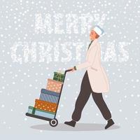 content homme avec Noël cadeaux sur chariot élévateur. Masculin portant dans Père Noël chapeau sur neige Contexte joyeux Noël concept. vecteur illustration