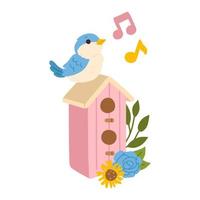 dessin animé moineau sur oiseau maison et fleurs vecteur