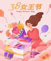 asiatique femme achats sur international aux femmes journée. vente affiche. traduction, content reine journée. 8e Mars vecteur