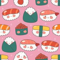 mignonne interminable modèle avec Sushi, Rouleaux et gunkans. kawaii ornement avec traditionnel Japonais aliments. asiatique cuisine. Stock vecteur illustration.