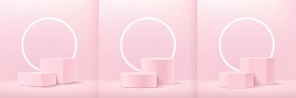 ensemble de cube rose tendre abstrait rond et affichage hexagonal pour produit sur site Web moderne. rendu de fond avec podium et scène de mur de texture minimale, rendu 3D couleur pastel de forme géométrique. vecteur