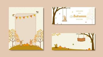 collection de bannières de vente automne nature avec des animaux mignons et des feuilles colorées vecteur