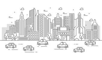 illustration urbaine avec de grands bâtiments avec des voitures et des arbres. activités de la ville vecteur