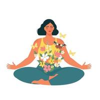 fond de pleine conscience, de méditation et de yoga dans des couleurs pastel vintage avec des femmes assises avec les jambes croisées et méditant. illustration vectorielle. vecteur