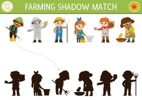 ferme ombre correspondant à activité avec mignonne enfant Les agriculteurs. pays village puzzle avec apiculteur, marché fournisseur, fille de laiterie. trouver correct silhouette imprimable feuille de travail ou jeu. sur le ferme page vecteur