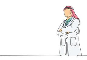 un dessin d'une seule ligne de jeune médecin arabe musulman pose debout et met les mains croisées devant sa poitrine. concept de service de soins médicaux ligne continue dessiner illustration vectorielle de conception vecteur