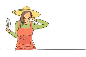 Une seule agricultrice dessinant une seule ligne avec le geste de m'appeler portant un chapeau de paille et portant une mini pelle pour travailler à la ferme. entreprise de réussite. illustration vectorielle graphique de conception de dessin de ligne continue vecteur