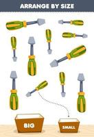 éducation Jeu pour les enfants organiser par Taille gros ou petit mettre il dans le boîte de mignonne dessin animé Tournevis image imprimable outil feuille de travail vecteur