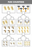éducation Jeu pour les enfants amusement compte image dans chaque boîte de mignonne dessin animé échelle marteau percer clé imprimable outil feuille de travail vecteur