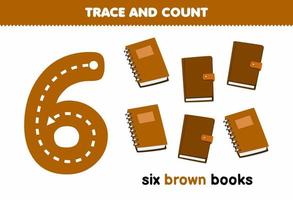 éducation Jeu pour les enfants tracé nombre six et compte de mignonne dessin animé marron livres imprimable outil feuille de travail vecteur