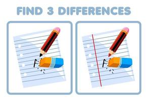 éducation Jeu pour les enfants trouver Trois différences entre deux mignonne dessin animé papier crayon et la gomme image imprimable outil feuille de travail vecteur