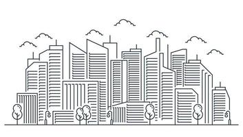 paysage de la ville de fine ligne. Paysage du centre-ville avec de hauts gratte-ciel sur fond blanc vecteur