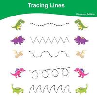 tracé lignes Jeu dinosaure édition. éducatif feuille de travail. feuille de travail activité pour préscolaire enfants. préscolaire éducation. vecteur illustration.