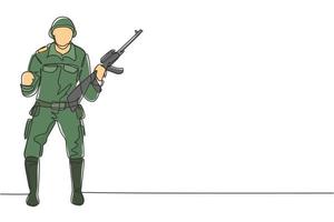 un soldat de dessin continu sur une ligne se tient avec une arme, un uniforme complet et célèbre le geste au service du pays avec la force des forces militaires. illustration graphique de vecteur de conception de dessin à une seule ligne