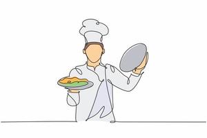 un dessin au trait continu d'un beau jeune chef masculin ouvrant un plateau cloche pour servir le plat principal au client au restaurant de l'hôtel. excellent concept de service illustration vectorielle de dessin à une seule ligne vecteur