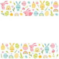 mignonne content Pâques Contexte avec lapin et œufs, arc-en-ciel, fleurs, poussin. vide espace pour votre texte. décoratif coloré Pâques œufs, lapins. dessin animé vacances vecteur Contexte