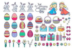 Pâques vacances symboles ensemble. œuf, lapin, ange, panier. vecteur illustration.