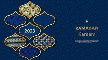 Ramadan kareem affiche. islamique carte postale, affiche, bannière modèle. moderne conception avec géométrique modèle et traditionnel motifs dans bleu, or, violet. vecteur illustration