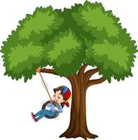 Enfant jouant le swing de pneu sous l'arbre sur fond blanc