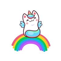 dessin animé mignonne kawaii caticorn personnage sur arc en ciel vecteur