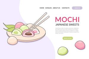 la toile page avec sucré mochi sur une lumière Contexte. Japonais asiatique traditionnel dessert. bannière, site Internet, publicité, menu. vecteur illustration dans griffonnage style