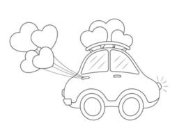 peu dessin animé voiture avec cœurs. les enfants coloration livre. vecteur illustration. isolé sur blanche.