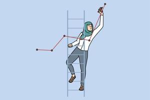 femelle arabe employé dans hijab permanent sur échelle dessin graphique ou graphique. femme ouvrier peindre développer financier rapport ou statistiques montrant progrès. vecteur illustration.