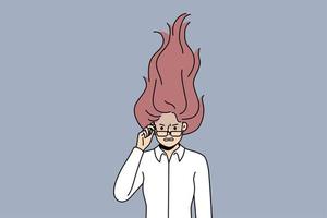 furieux Jeune femme avec cheveux dans Feu flammes souffrir de travail Burnout. furieux femme d'affaires lutte avec émotif panne ou surmenage. vecteur illustration.