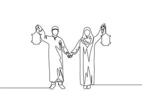 eid mubarak affiche, bannière et salutation carte conception Célibataire continu ligne dessin de Jeune islamique musulman muslimah couple en portant mains et lanterne lampe. eid Al fitr un ligne dessiner vecteur illustration