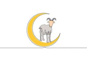 un continu ligne dessin de mouton permanent sur lune. musulman vacances le sacrifice une mouton, eid Al adha salutation carte concept Célibataire ligne dessiner conception illustration vecteur