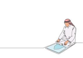 Célibataire continu ligne dessin de Jeune musulman la personne prier sur sajadah dans traditionnel arabe vêtements. Ramadan kareem et eid mubarak salutation carte concept un ligne dessiner conception vecteur illustration