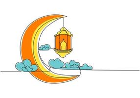 Ramadan kareem salutation carte, affiche et bannière conception Contexte. un continu ligne dessin de islamique ornement lanterne lampe pendaison sur lune à nuageux ciel. Célibataire ligne dessiner vecteur illustration