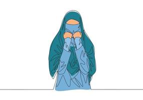 Célibataire continu ligne dessin de Jeune attrayant milieu est muslimah portant burqa avec tête foulard. traditionnel beauté musulman femme niqab avec hijab concept un ligne dessiner conception vecteur illustration