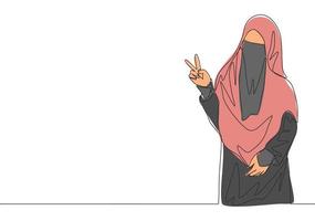 Célibataire continu ligne dessin de Jeune attrayant portant burqa avec voile donnant la victoire geste. traditionnel beauté musulman femme niqab avec hijab concept un ligne dessiner conception vecteur illustration