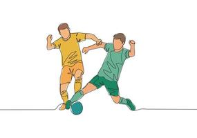 Célibataire continu ligne dessin de deux Football joueurs combat pour le Balle à le jeu. football rencontre des sports concept. un ligne dessiner conception vecteur illustration