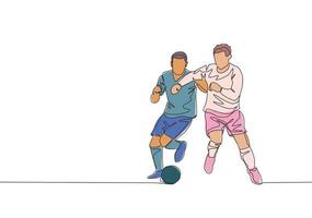 Célibataire continu ligne dessin de Jeune énergique Football joueur coude adversaire joueur tandis que combat pour le balle. football rencontre des sports concept. un ligne dessiner conception vecteur illustration