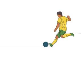 un Célibataire ligne dessin de Jeune énergique Football le buteur prendre une gratuit donner un coup tirer à le jeu. football rencontre des sports concept. continu ligne dessiner conception vecteur illustration