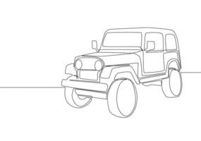 Célibataire ligne dessin de 4x4 la vitesse Piste colline jeep auto. hors route aventure se rallier véhicule transport concept. un continu ligne dessiner conception vecteur