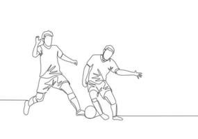 Célibataire continu ligne dessin de Jeune énergique Football joueur dribble passer adversaire joueur et fonctionnement à le rival zone. football rencontre des sports concept. un ligne dessiner conception vecteur illustration